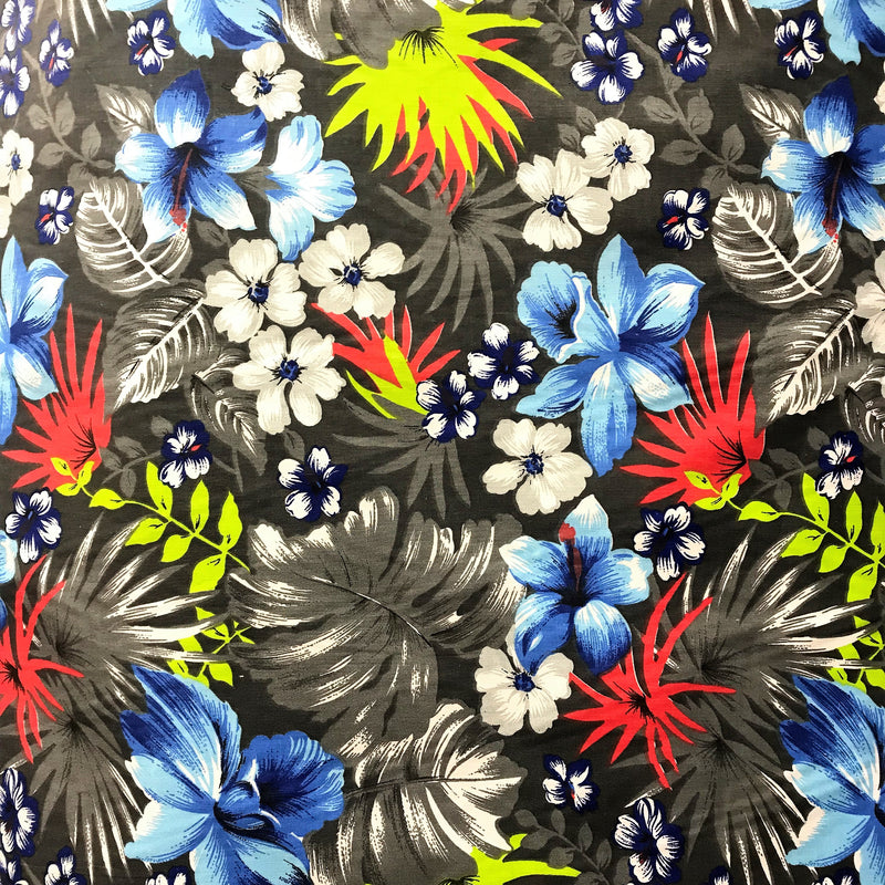 Hawaiian Gray Polyester Cotton Broadcloth Fabric - Floral Print, Gray, 59/60" Width (1 Yard)
