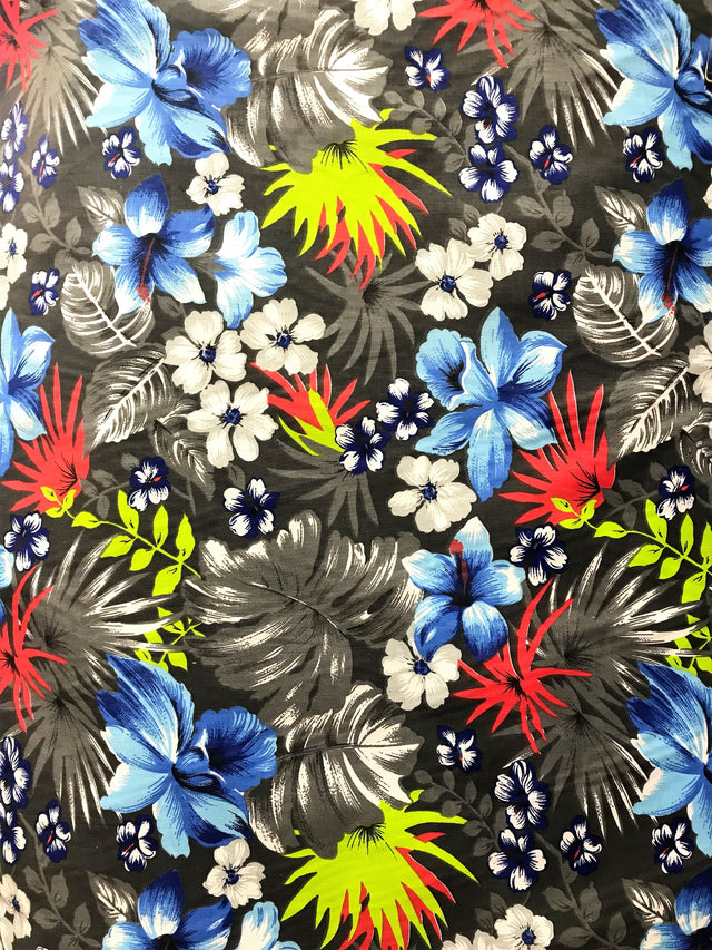 Hawaiian Gray Polyester Cotton Broadcloth Fabric - Floral Print, Gray, 59/60" Width (1 Yard)