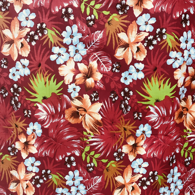 Hawaiian Print Red Poly Cotton Fabric - Red Floral Print, 59/60" Width