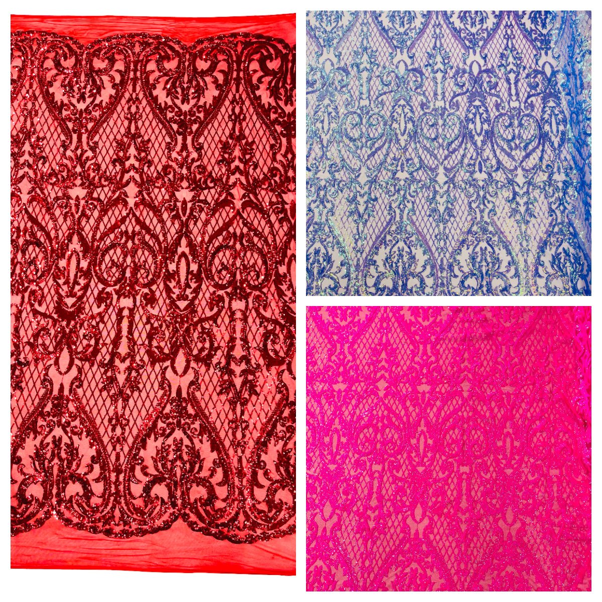 Heart Sequin Damask Polyester Fabric - Heart Damask, Iridescent Sequins, 54" Width (1 Yard)