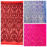Heart Sequin Damask Polyester Fabric - Heart Damask, Iridescent Sequins, 54" Width (1 Yard)