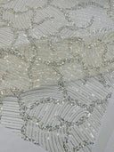 Heavy Beaded Leaf Design Mesh Lace Fabric - Beaded Leaf Pattern, 54" Width (1 Yard)
