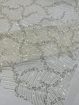 Heavy Beaded Leaf Design Mesh Lace Fabric - Beaded Leaf Pattern, 54" Width (1 Yard)