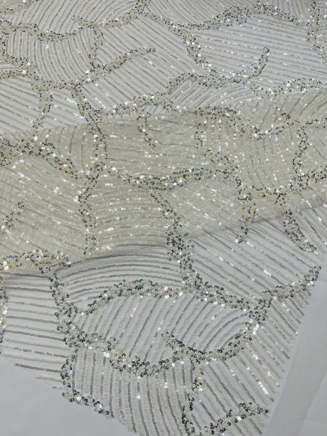 Heavy Beaded Leaf Design Mesh Lace Fabric - Beaded Leaf Pattern, 54" Width (1 Yard)