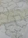 Heavy Beaded Leaf Design Mesh Lace Fabric - Beaded Leaf Pattern, 54" Width (1 Yard)