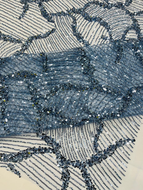 Heavy Beaded Leaf Design Mesh Lace Fabric - Beaded Leaf Pattern, 54" Width (1 Yard)
