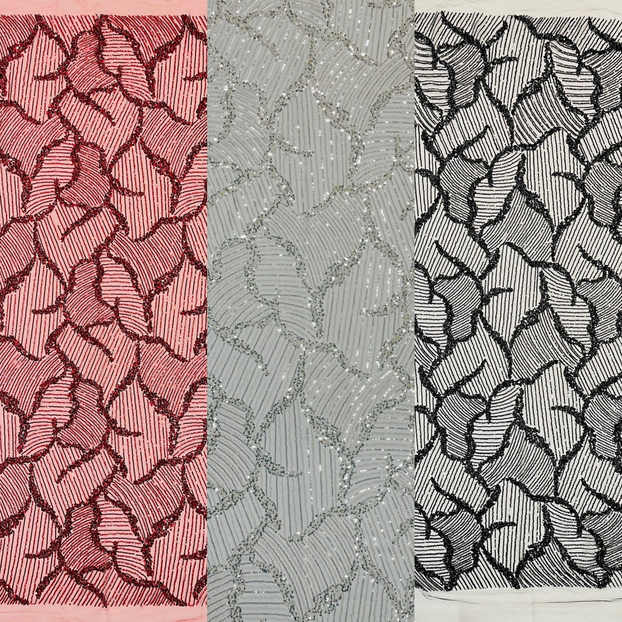 Heavy Beaded Leaf Design Mesh Lace Fabric - Beaded Leaf Pattern, 54" Width (1 Yard)