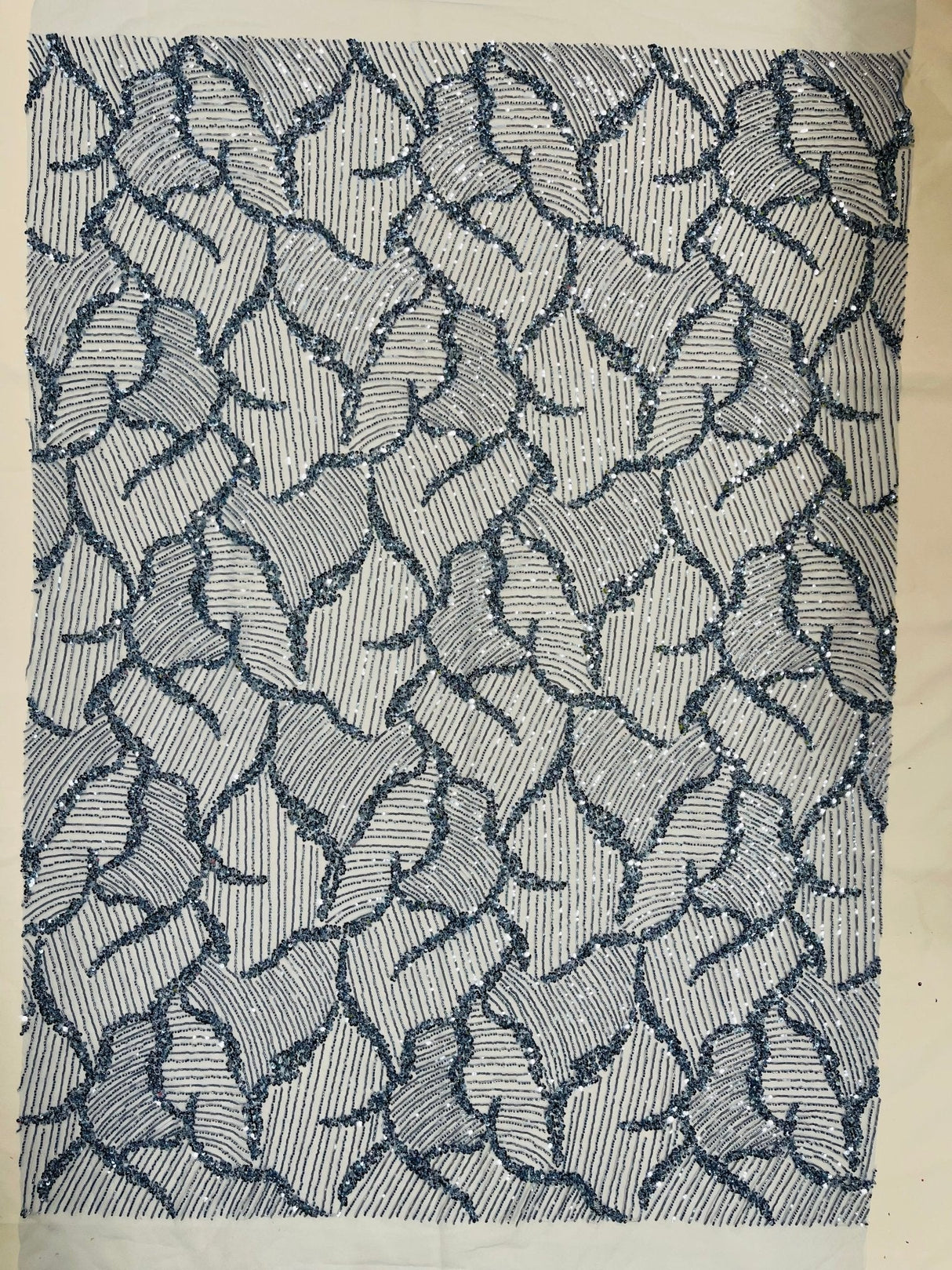 Heavy Beaded Leaf Design Mesh Lace Fabric - Beaded Leaf Pattern, 54" Width (1 Yard)