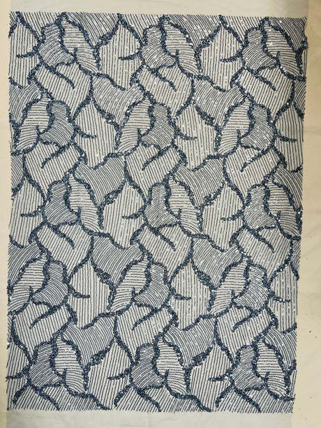 Heavy Beaded Leaf Design Mesh Lace Fabric - Beaded Leaf Pattern, 54" Width (1 Yard)