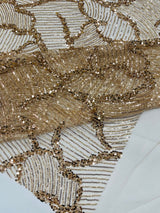 Heavy Beaded Leaf Design Mesh Lace Fabric - Beaded Leaf Pattern, 54" Width (1 Yard)