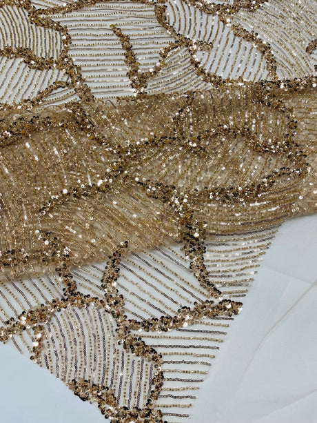 Heavy Beaded Leaf Design Mesh Lace Fabric - Beaded Leaf Pattern, 54" Width (1 Yard)