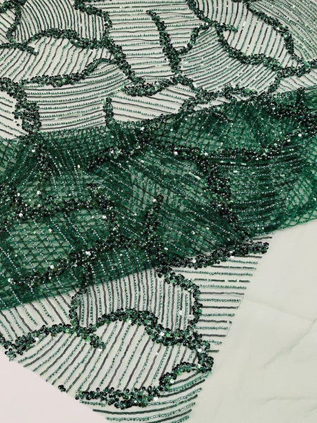 Heavy Beaded Leaf Design Mesh Lace Fabric - Beaded Leaf Pattern, 54" Width (1 Yard)