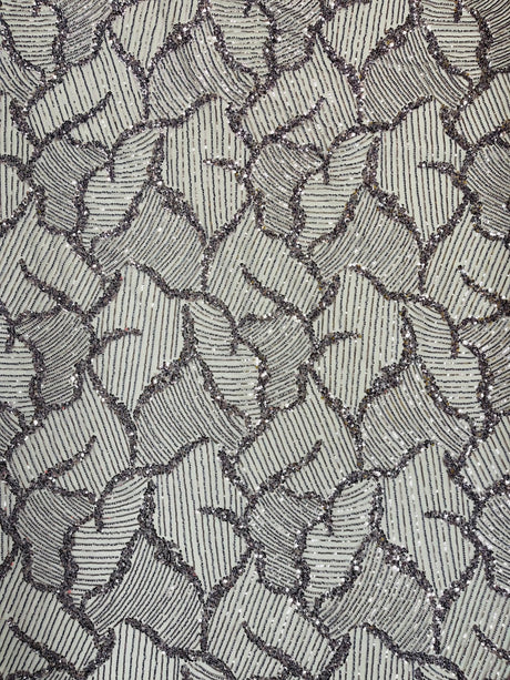 Heavy Beaded Leaf Design Mesh Lace Fabric - Beaded Leaf Pattern, 54" Width (1 Yard)