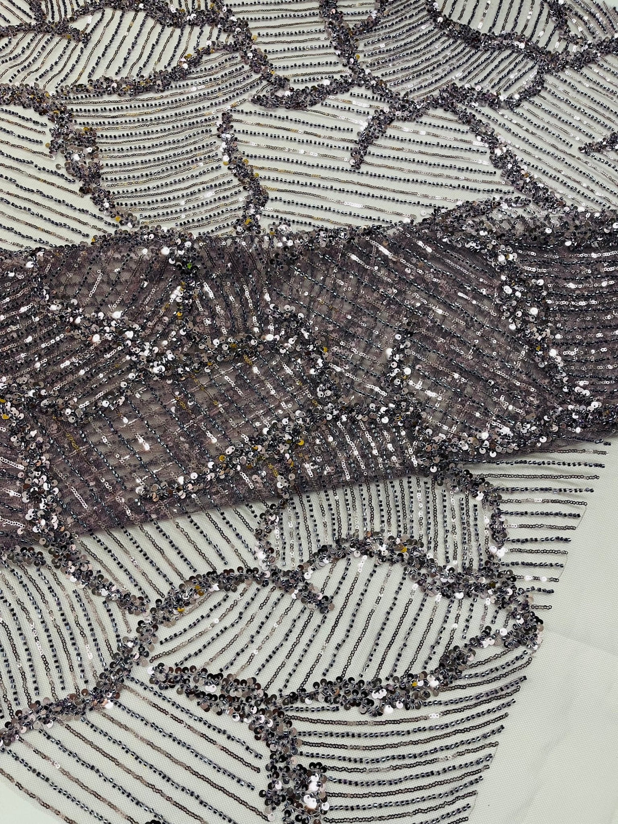 Heavy Beaded Leaf Design Mesh Lace Fabric - Beaded Leaf Pattern, 54" Width (1 Yard)