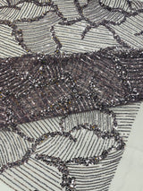 Heavy Beaded Leaf Design Mesh Lace Fabric - Beaded Leaf Pattern, 54" Width (1 Yard)