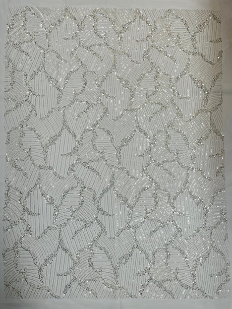 Heavy Beaded Leaf Design Mesh Lace Fabric - Beaded Leaf Pattern, 54" Width (1 Yard)