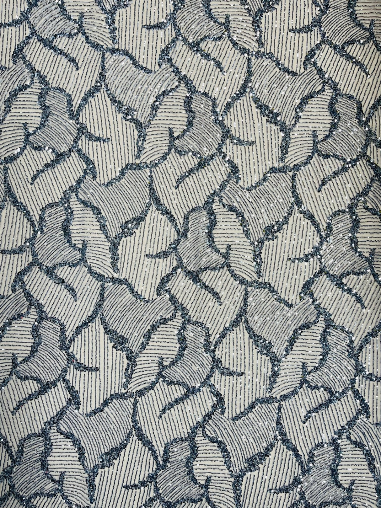 Heavy Beaded Leaf Design Mesh Lace Fabric - Beaded Leaf Pattern, 54" Width (1 Yard)