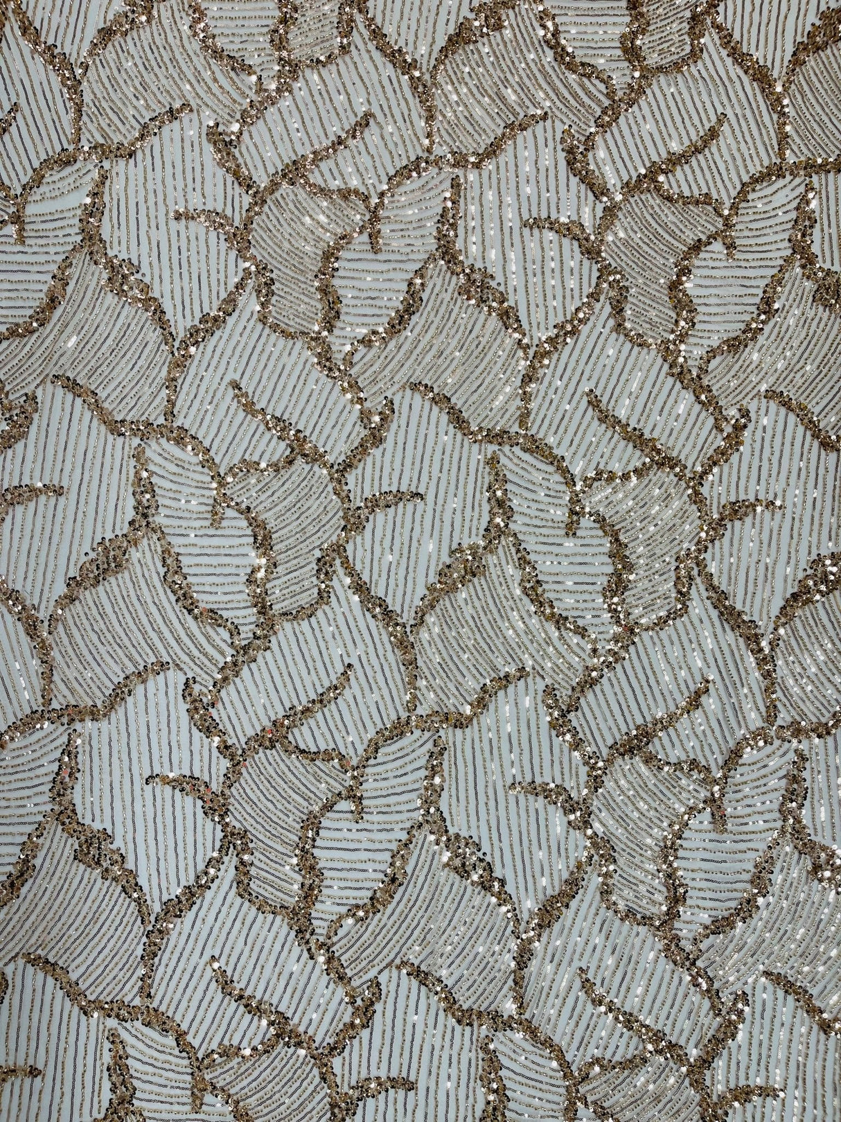 Heavy Beaded Leaf Design Mesh Lace Fabric - Beaded Leaf Pattern, 54" Width (1 Yard)