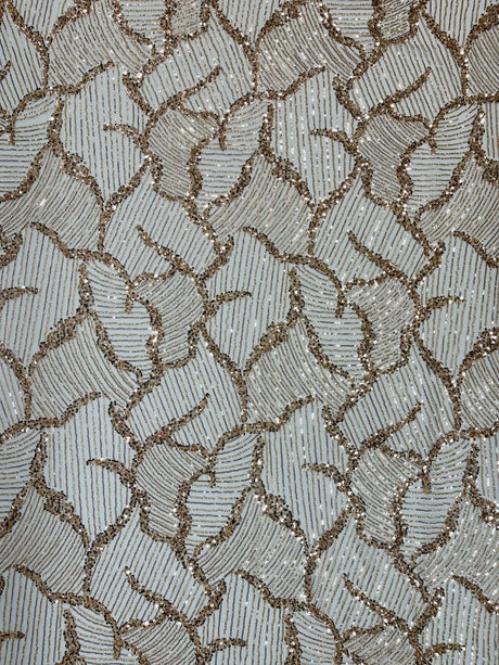 Heavy Beaded Leaf Design Mesh Lace Fabric - Beaded Leaf Pattern, 54" Width (1 Yard)