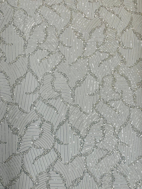 Heavy Beaded Leaf Design Mesh Lace Fabric - Beaded Leaf Pattern, 54" Width (1 Yard)