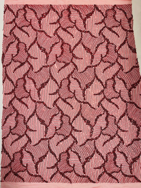 Heavy Beaded Leaf Design Mesh Lace Fabric - Beaded Leaf Pattern, 54" Width (1 Yard)