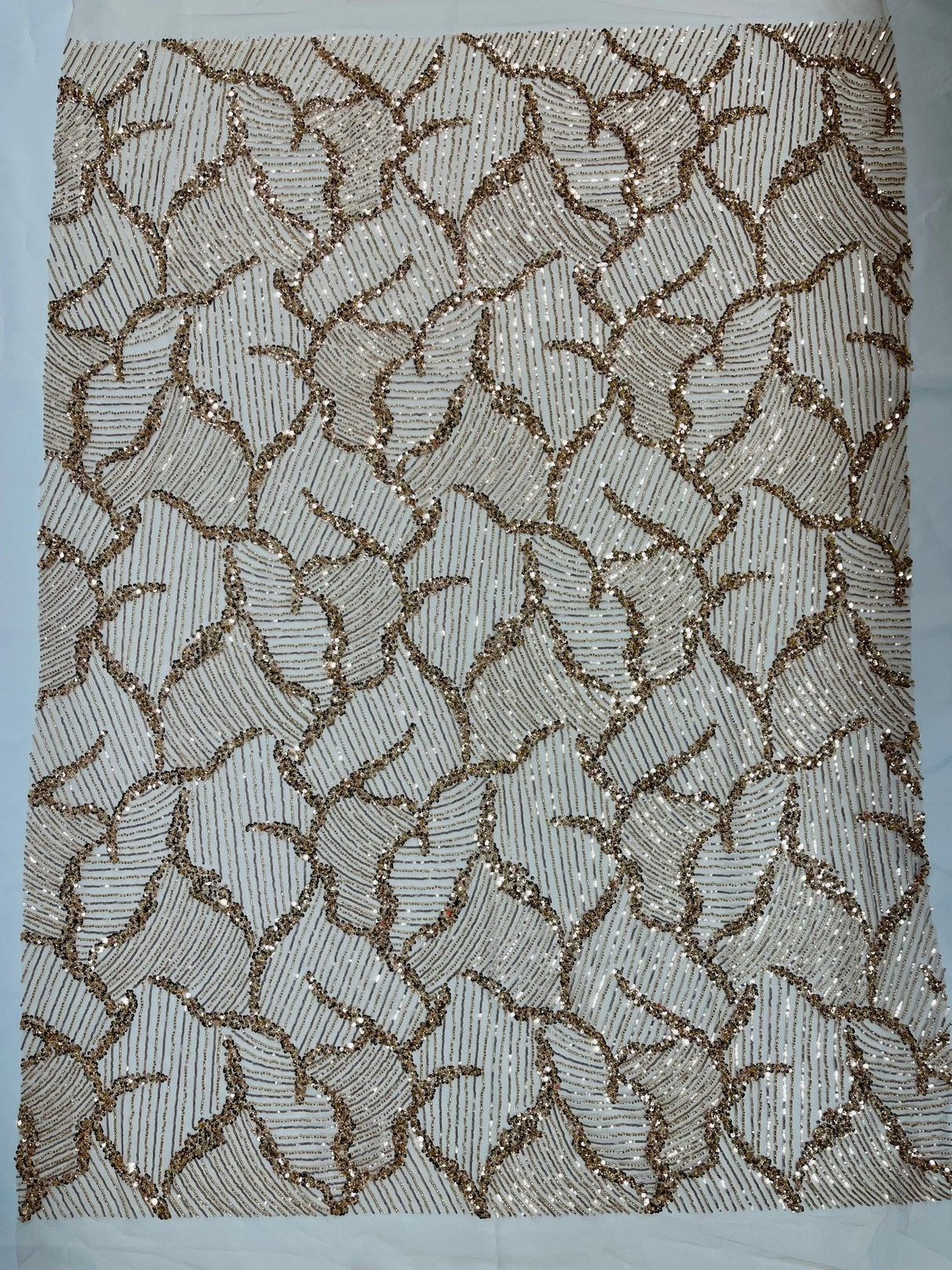 Heavy Beaded Leaf Design Mesh Lace Fabric - Beaded Leaf Pattern, 54" Width (1 Yard)