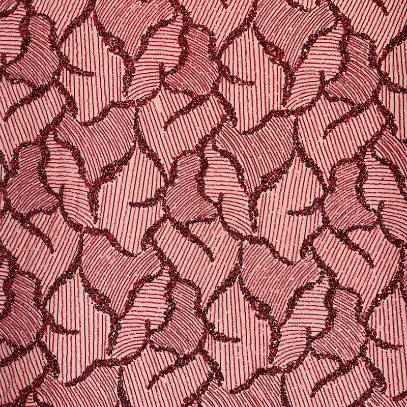 Heavy Beaded Leaf Design Mesh Lace Fabric - Beaded Leaf Pattern, 54" Width (1 Yard)