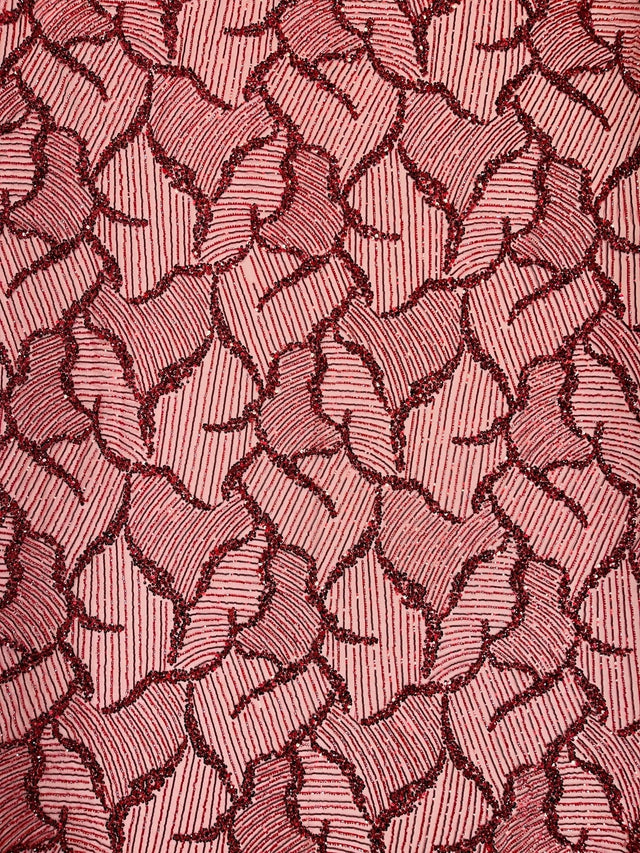 Heavy Beaded Leaf Design Mesh Lace Fabric - Beaded Leaf Pattern, 54" Width (1 Yard)