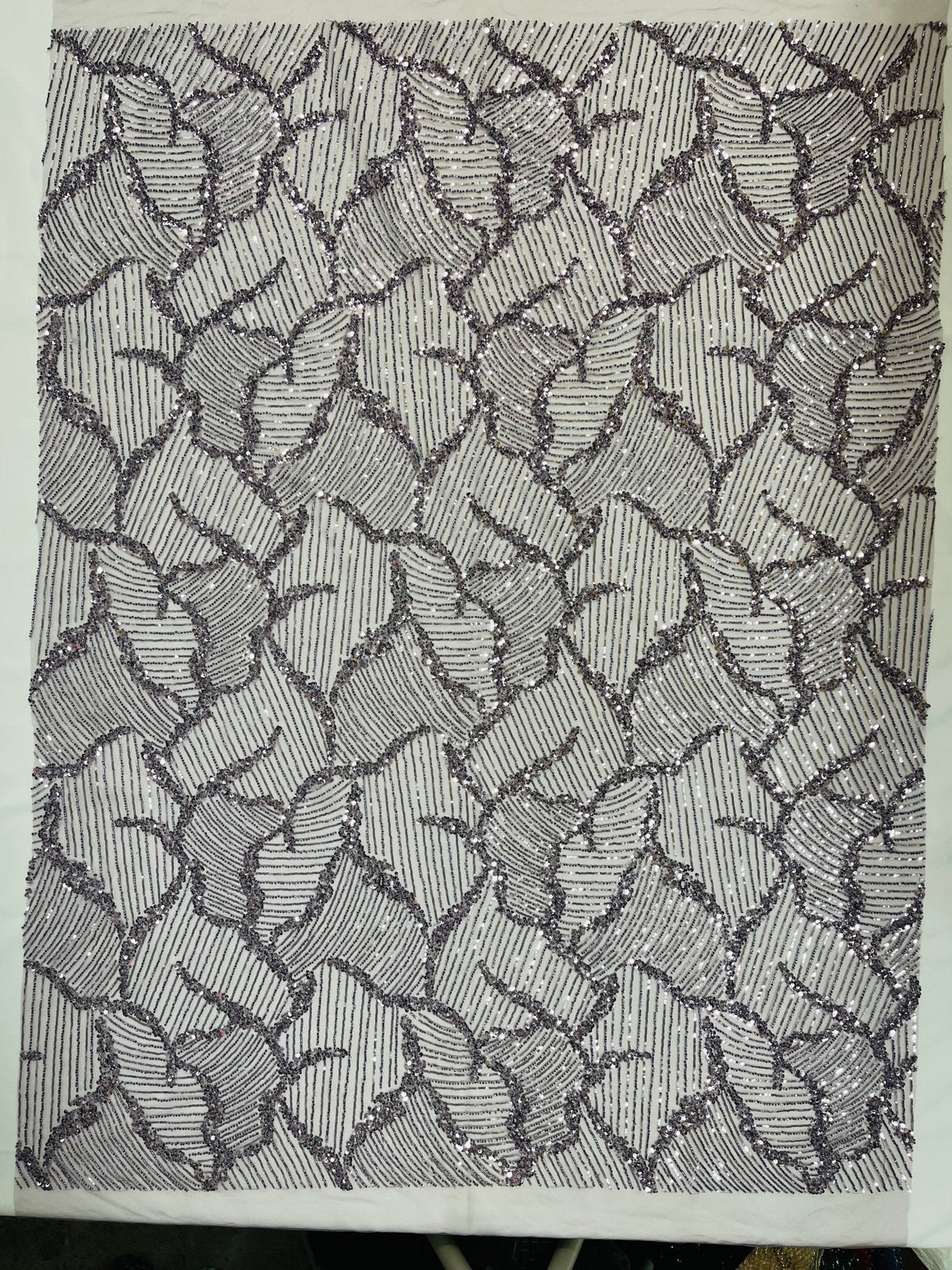 Heavy Beaded Leaf Design Mesh Lace Fabric - Beaded Leaf Pattern, 54" Width (1 Yard)