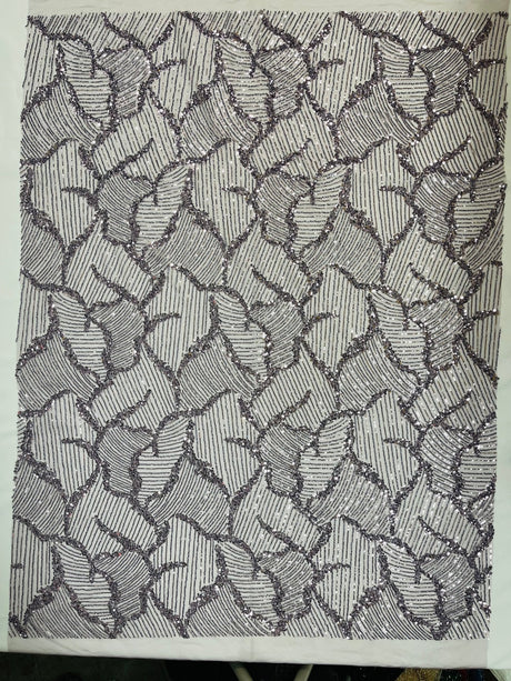Heavy Beaded Leaf Design Mesh Lace Fabric - Beaded Leaf Pattern, 54" Width (1 Yard)