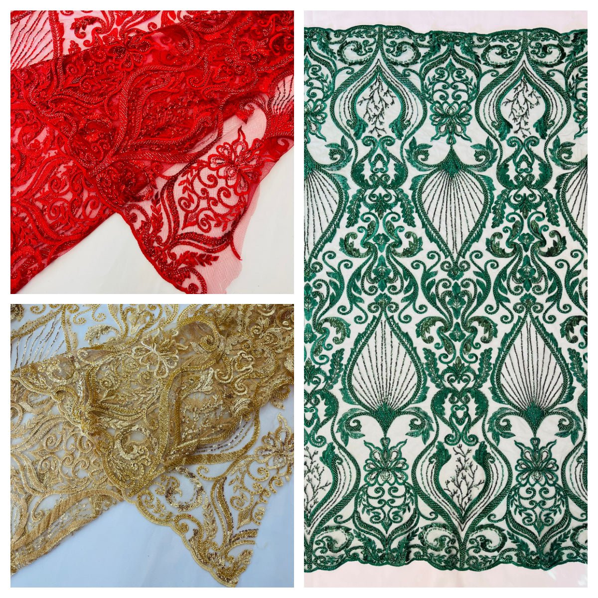 Heavy Damask Beaded Lace Polyester Fabric - Beaded Damask Floral Lace, 50-54" Width (1 Yard)