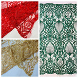 Heavy Damask Beaded Lace Polyester Fabric - Beaded Damask Floral Lace, 50-54" Width (1 Yard)