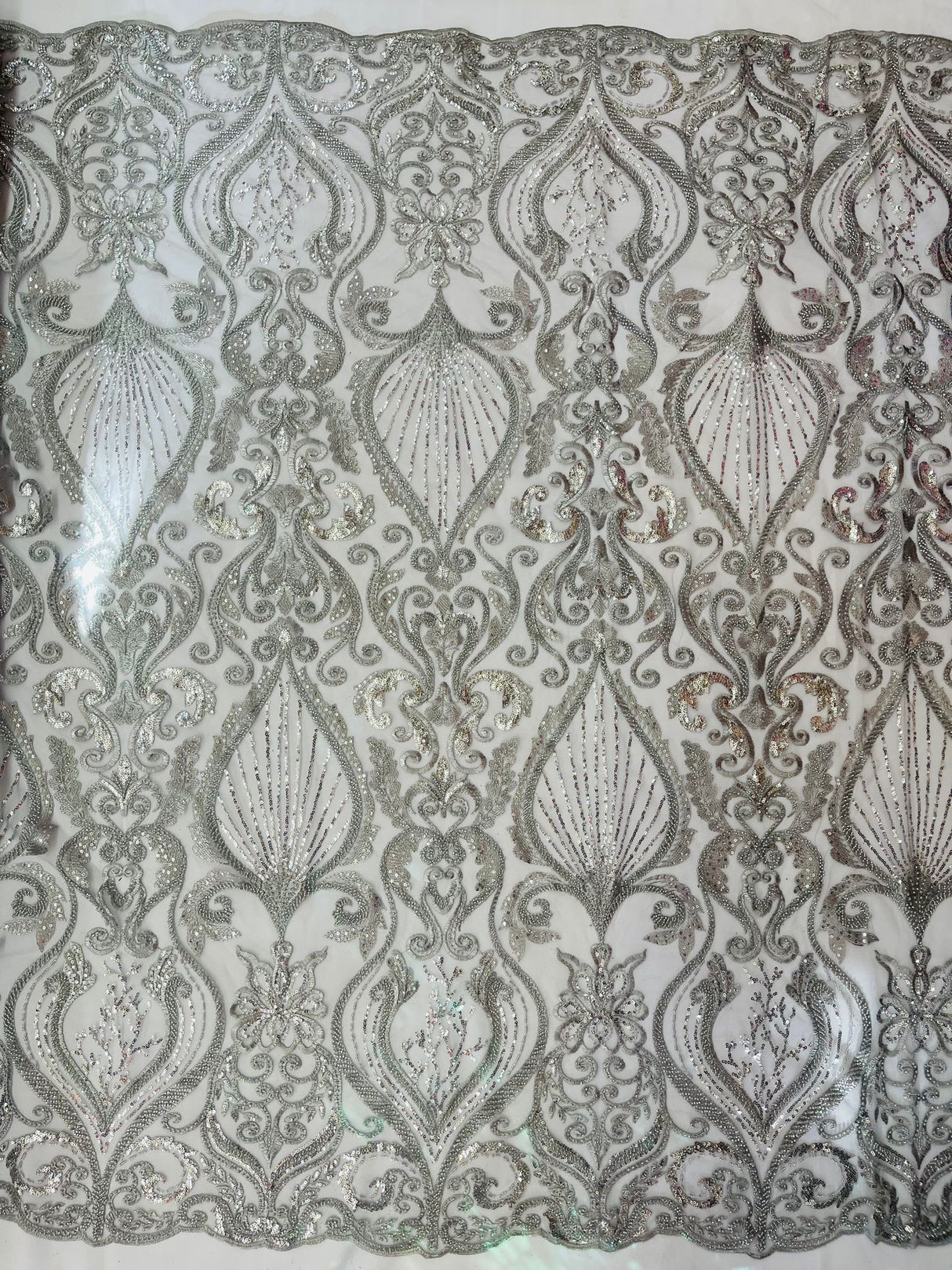Heavy Damask Beaded Lace Polyester Fabric - Beaded Damask Floral Lace, 50-54" Width (1 Yard)