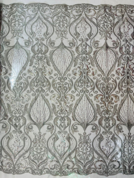 Heavy Damask Beaded Lace Polyester Fabric - Beaded Damask Floral Lace, 50-54" Width (1 Yard)