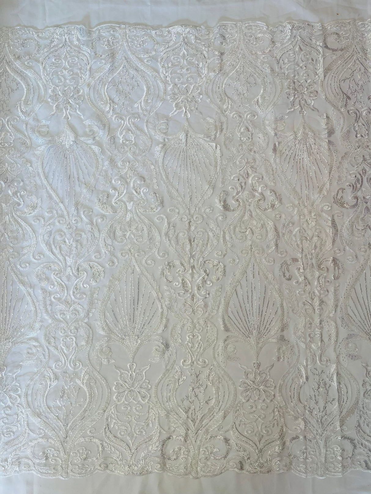 Heavy Damask Beaded Lace Polyester Fabric - Beaded Damask Floral Lace, 50-54" Width (1 Yard)