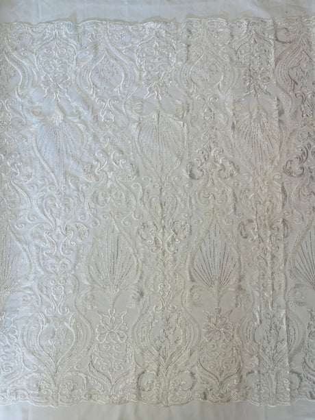 Heavy Damask Beaded Lace Polyester Fabric - Beaded Damask Floral Lace, 50-54" Width (1 Yard)