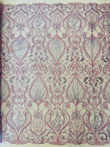 Heavy Damask Beaded Lace Polyester Fabric - Beaded Damask Floral Lace, 50-54" Width (1 Yard)