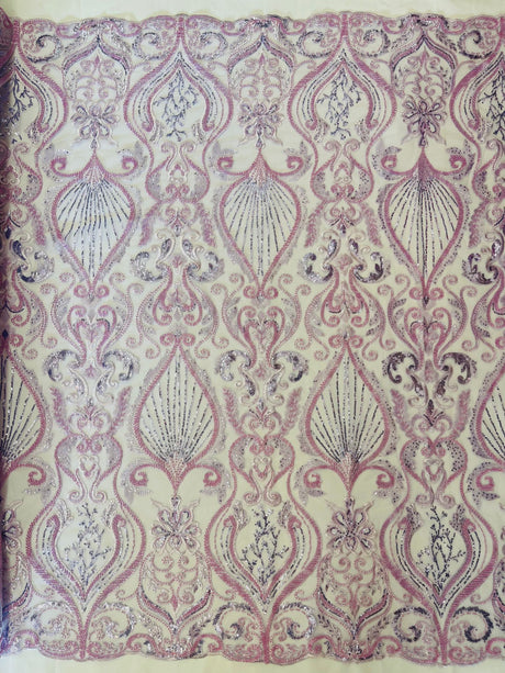 Heavy Damask Beaded Lace Polyester Fabric - Beaded Damask Floral Lace, 50-54" Width (1 Yard)