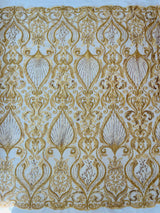 Heavy Damask Beaded Lace Polyester Fabric - Beaded Damask Floral Lace, 50-54" Width (1 Yard)