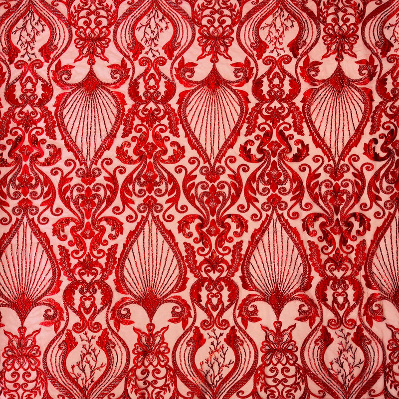Heavy Damask Beaded Lace Polyester Fabric - Beaded Damask Floral Lace, 50-54" Width (1 Yard)