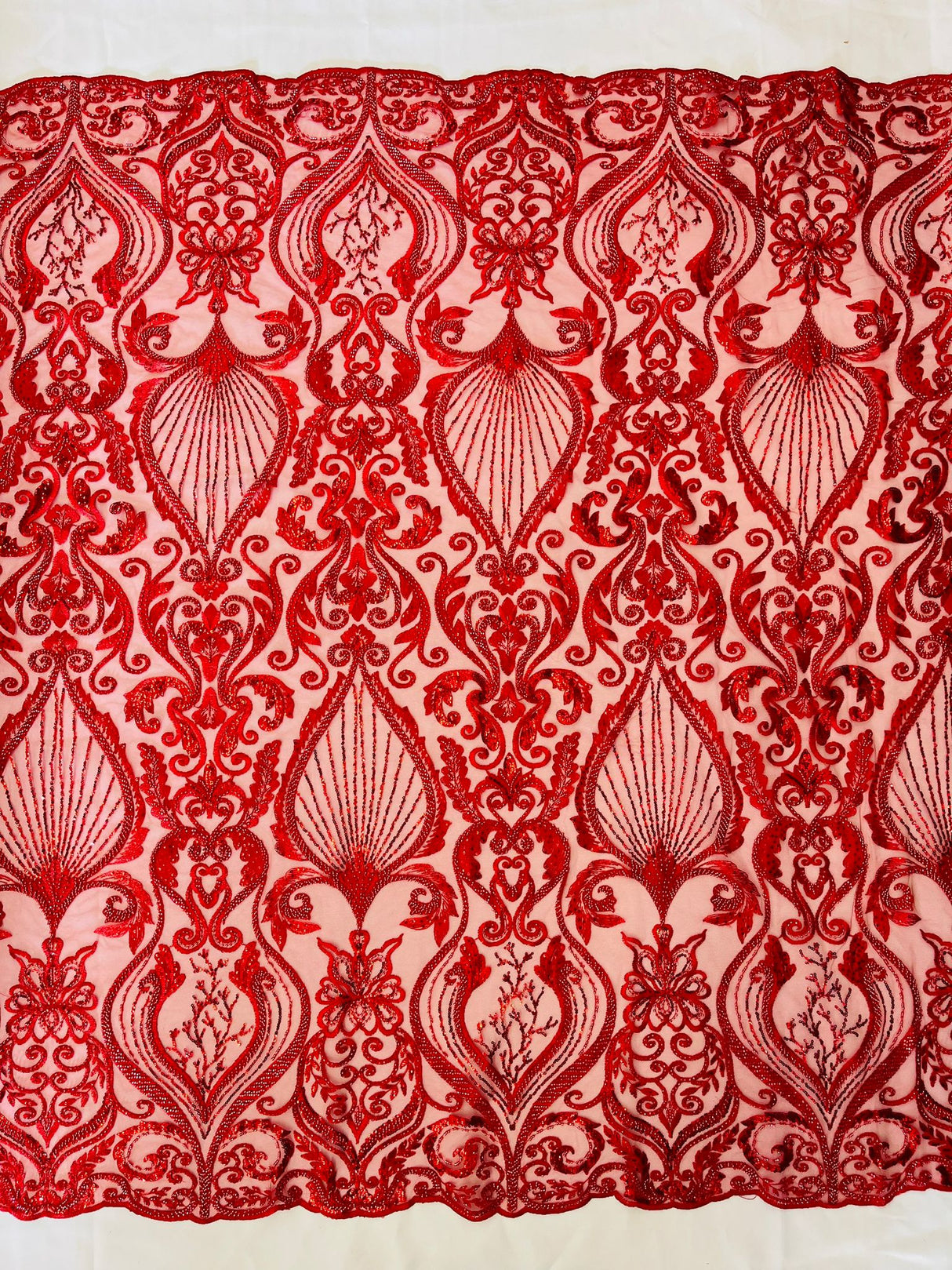 Heavy Damask Beaded Lace Polyester Fabric - Beaded Damask Floral Lace, 50-54" Width (1 Yard)
