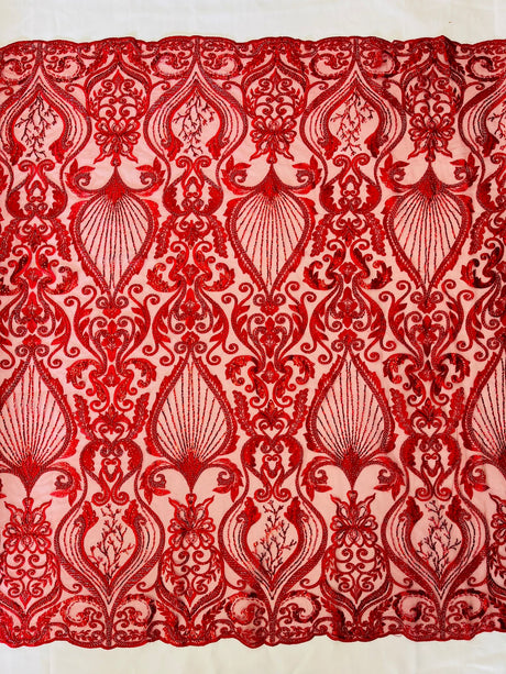 Heavy Damask Beaded Lace Polyester Fabric - Beaded Damask Floral Lace, 50-54" Width (1 Yard)