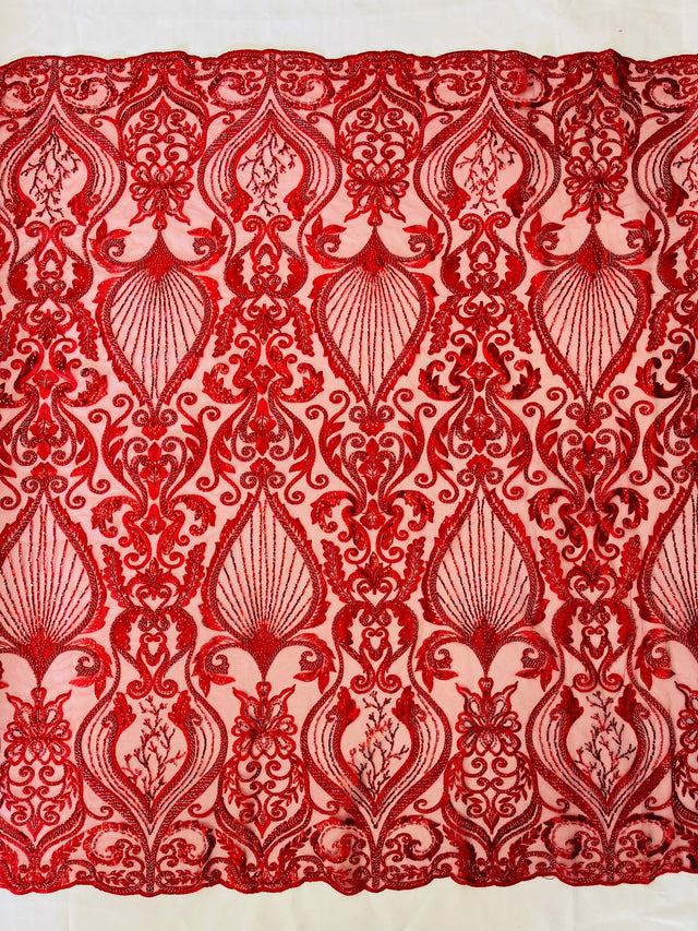 Heavy Damask Beaded Lace Polyester Fabric - Beaded Damask Floral Lace, 50-54" Width (1 Yard)