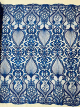 Heavy Damask Beaded Lace Polyester Fabric - Beaded Damask Floral Lace, 50-54" Width (1 Yard)