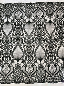 Heavy Damask Beaded Lace Polyester Fabric - Beaded Damask Floral Lace, 50-54" Width (1 Yard)
