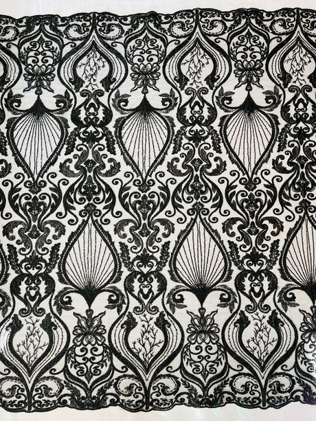 Heavy Damask Beaded Lace Polyester Fabric - Beaded Damask Floral Lace, 50-54" Width (1 Yard)