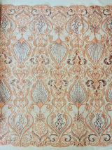 Heavy Damask Beaded Lace Polyester Fabric - Beaded Damask Floral Lace, 50-54" Width (1 Yard)