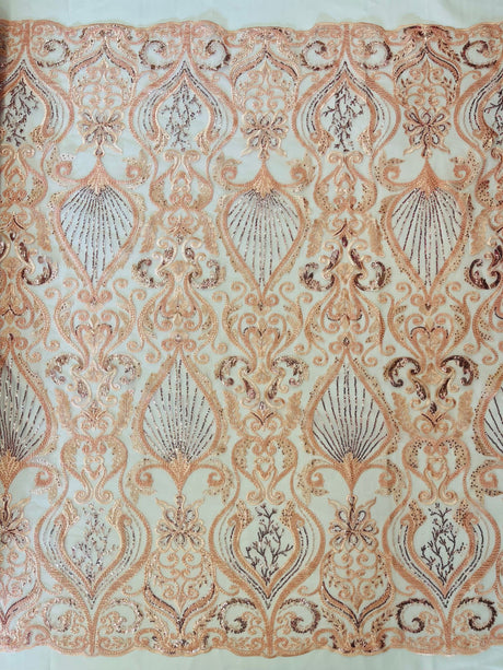 Heavy Damask Beaded Lace Polyester Fabric - Beaded Damask Floral Lace, 50-54" Width (1 Yard)