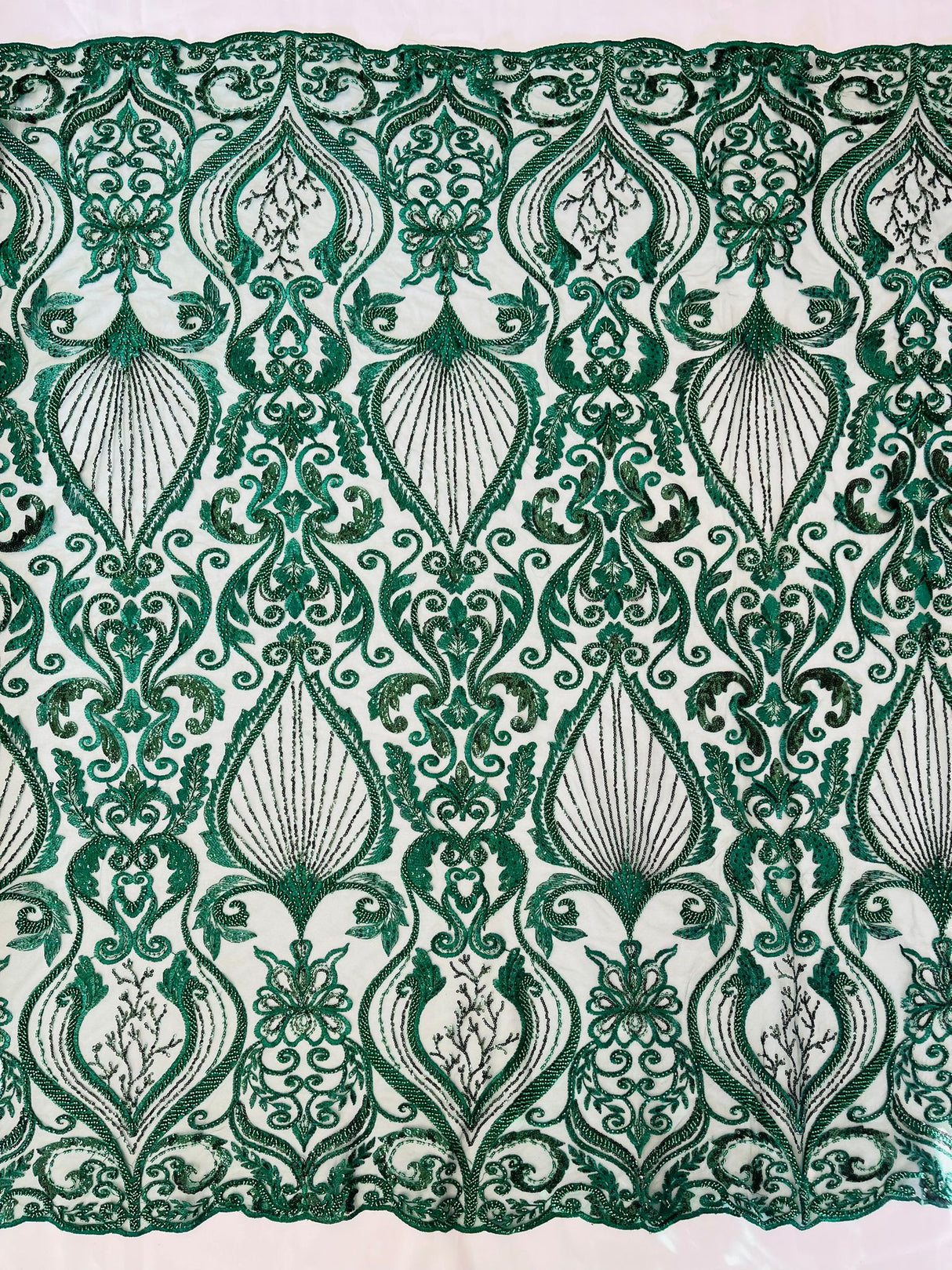 Heavy Damask Beaded Lace Polyester Fabric - Beaded Damask Floral Lace, 50-54" Width (1 Yard)