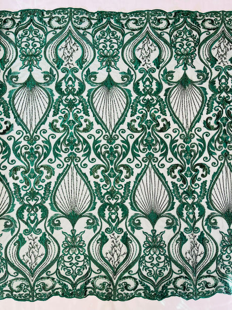 Heavy Damask Beaded Lace Polyester Fabric - Beaded Damask Floral Lace, 50-54" Width (1 Yard)